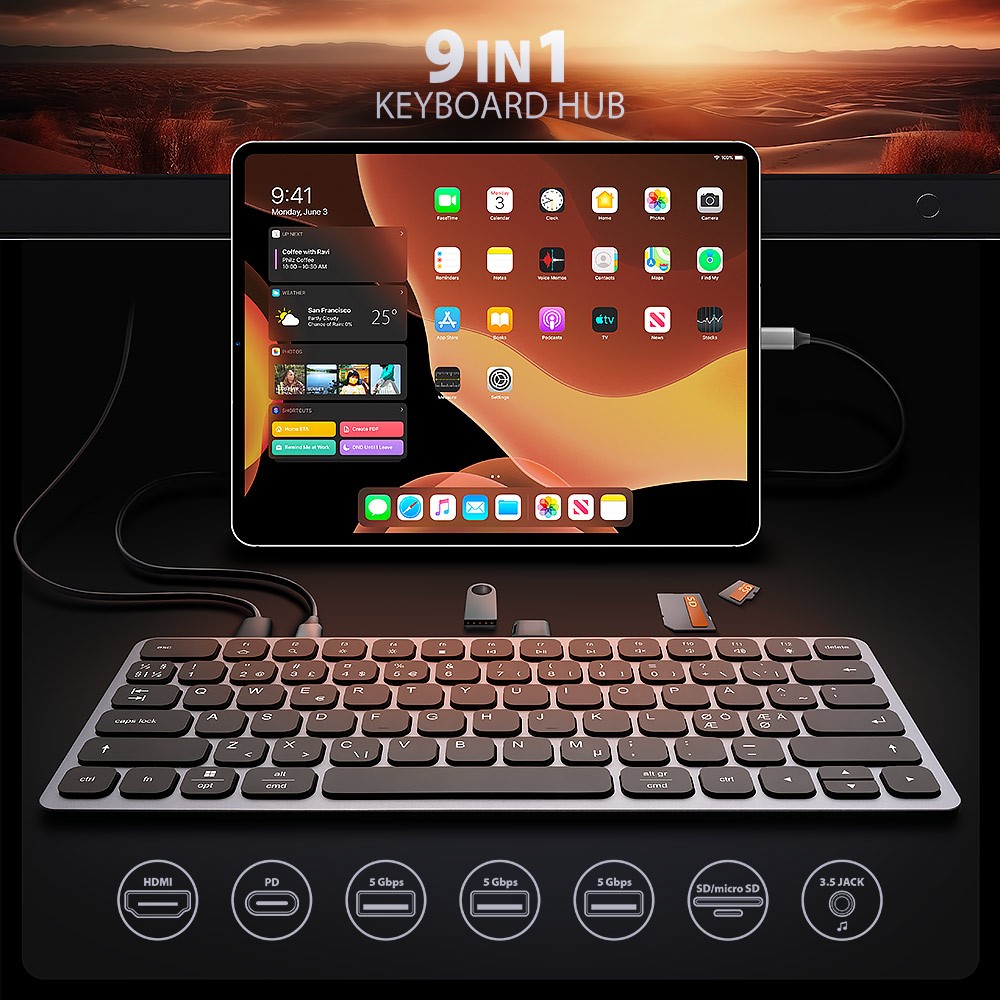 USB-C tipkovnica z vgrajenim 9v1 hubom NuaXus HMC-KB-NRD 2