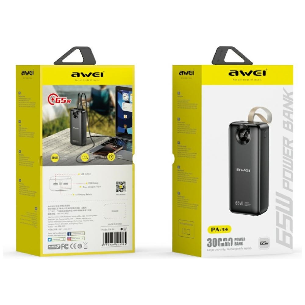 Powerbank Awei PA-34 30000mAh 65W, hitro polnjenje, črn 2