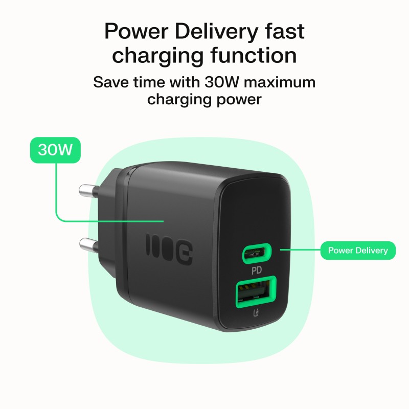 Omrežni polnilnik 30W, 1x USB-C, 1x USB-A, črn 3