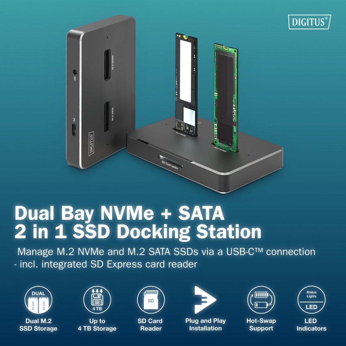Stojalo za SSD M.2 NVMe/SATA in bralnik kart SD, USB-C 3.2 8