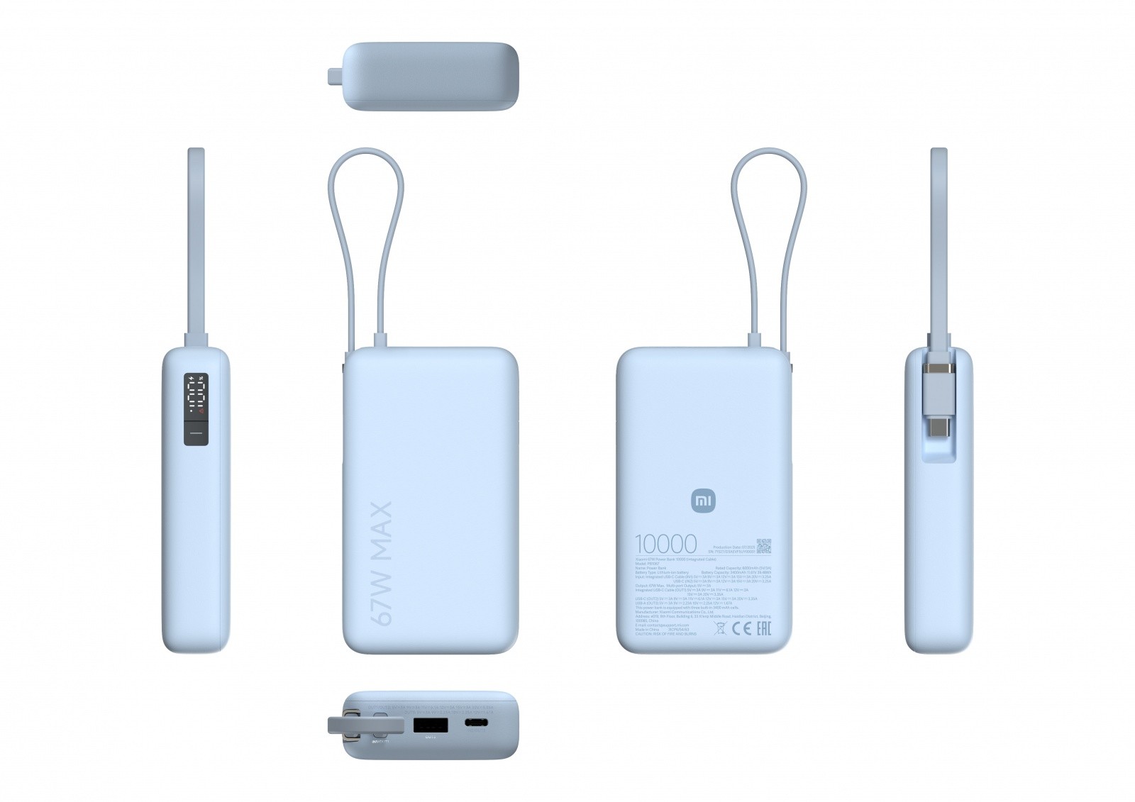 XIAOMI Power Bank 10000 mAh (integriran kabel) 67W – Ledeno modra