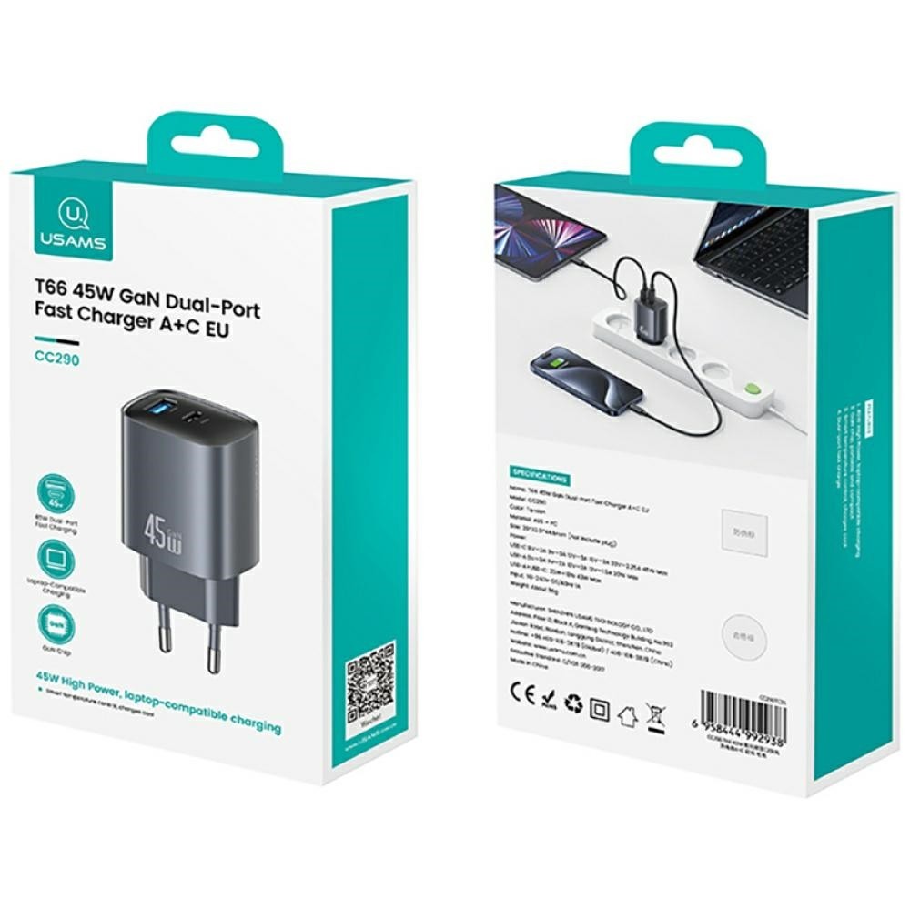 45W GaN polnilnik T66 srebrn (USB-A + USB-C) 2