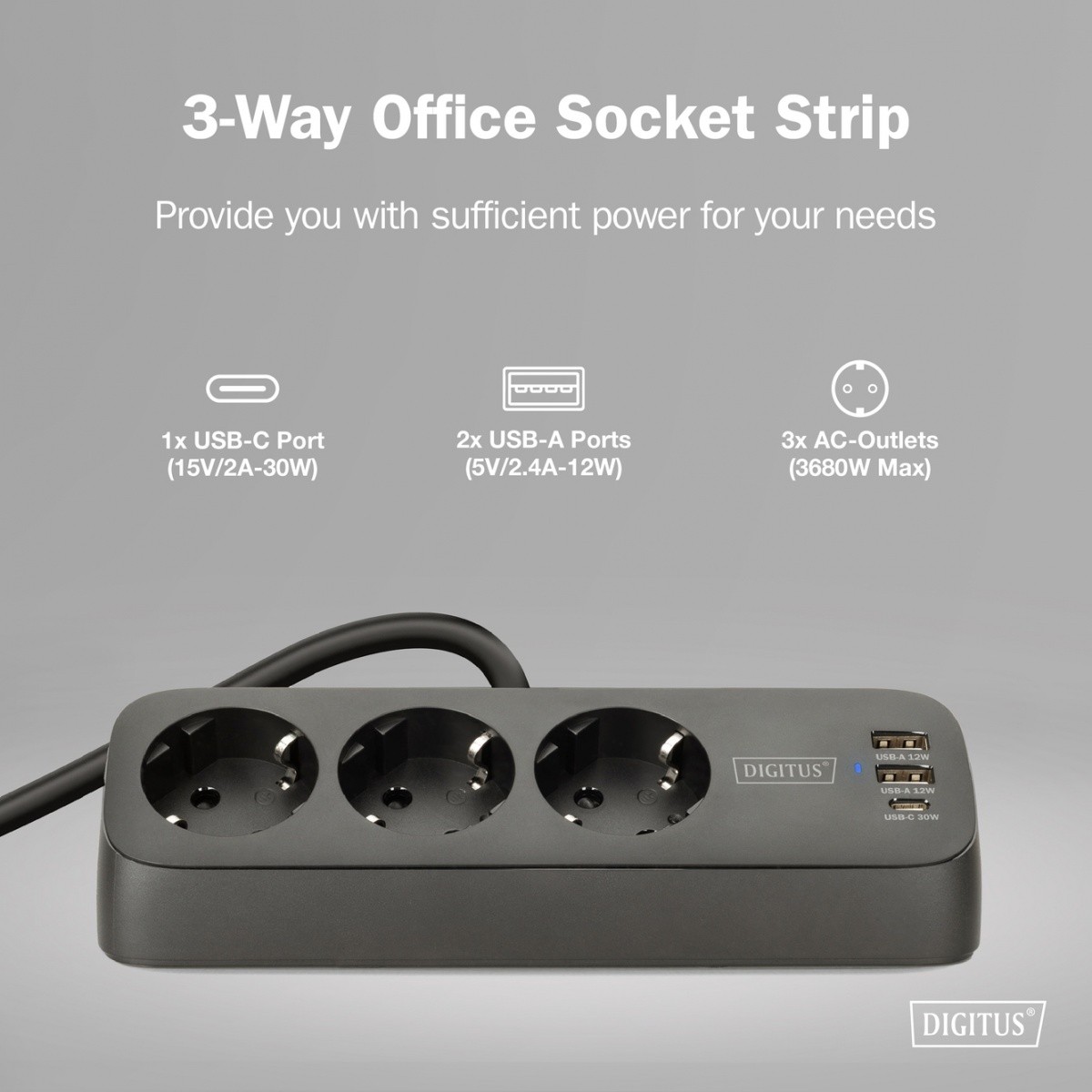 Namizna razdelilna letev z 3 Schuko vtičnicami, 2x USB-A (12W), 1x USB-C (30W), črna 8