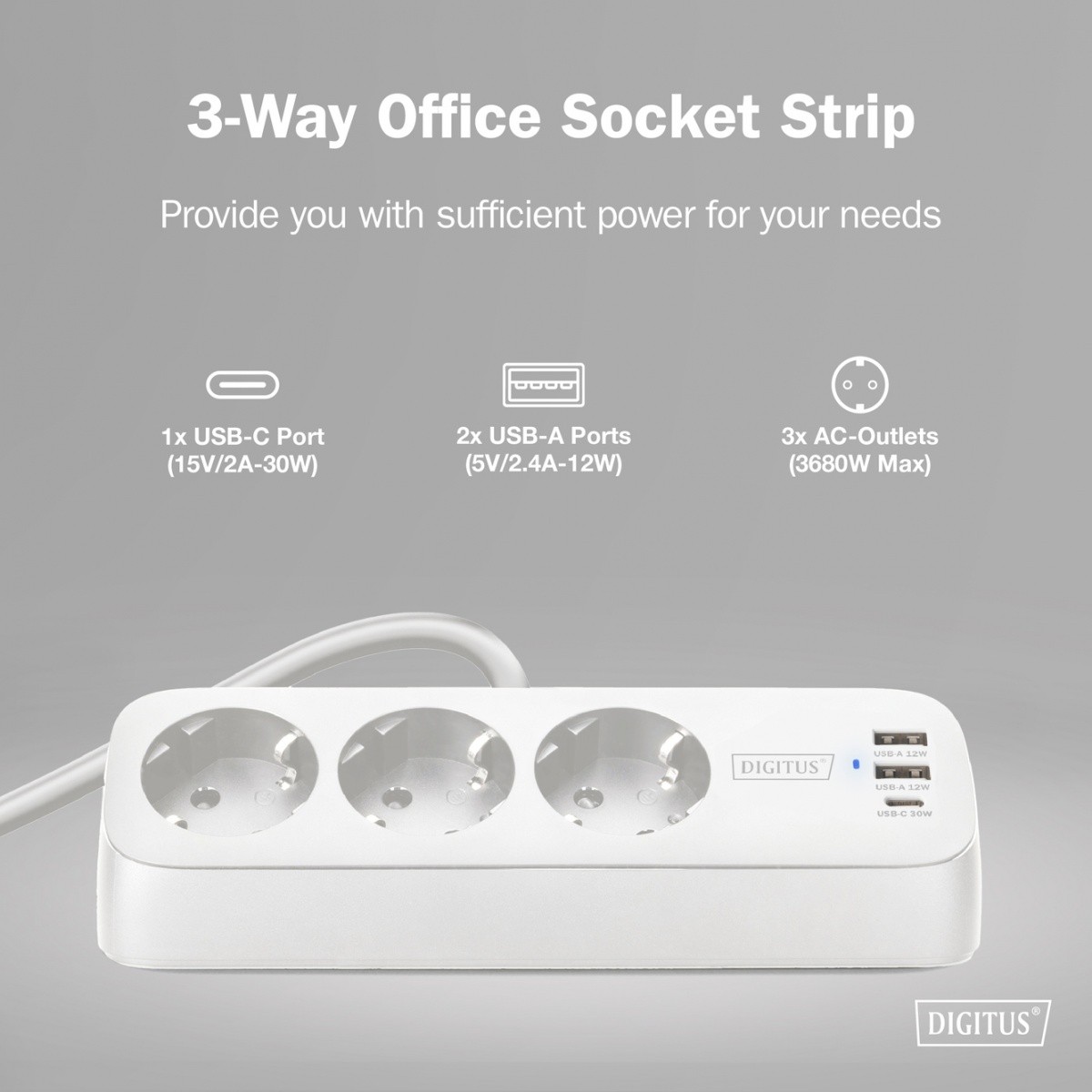 Namizna razdelilna letev z 3 Schuko vtičnicami, 2x USB-A (12W), 1x USB-C (30W), bela 6