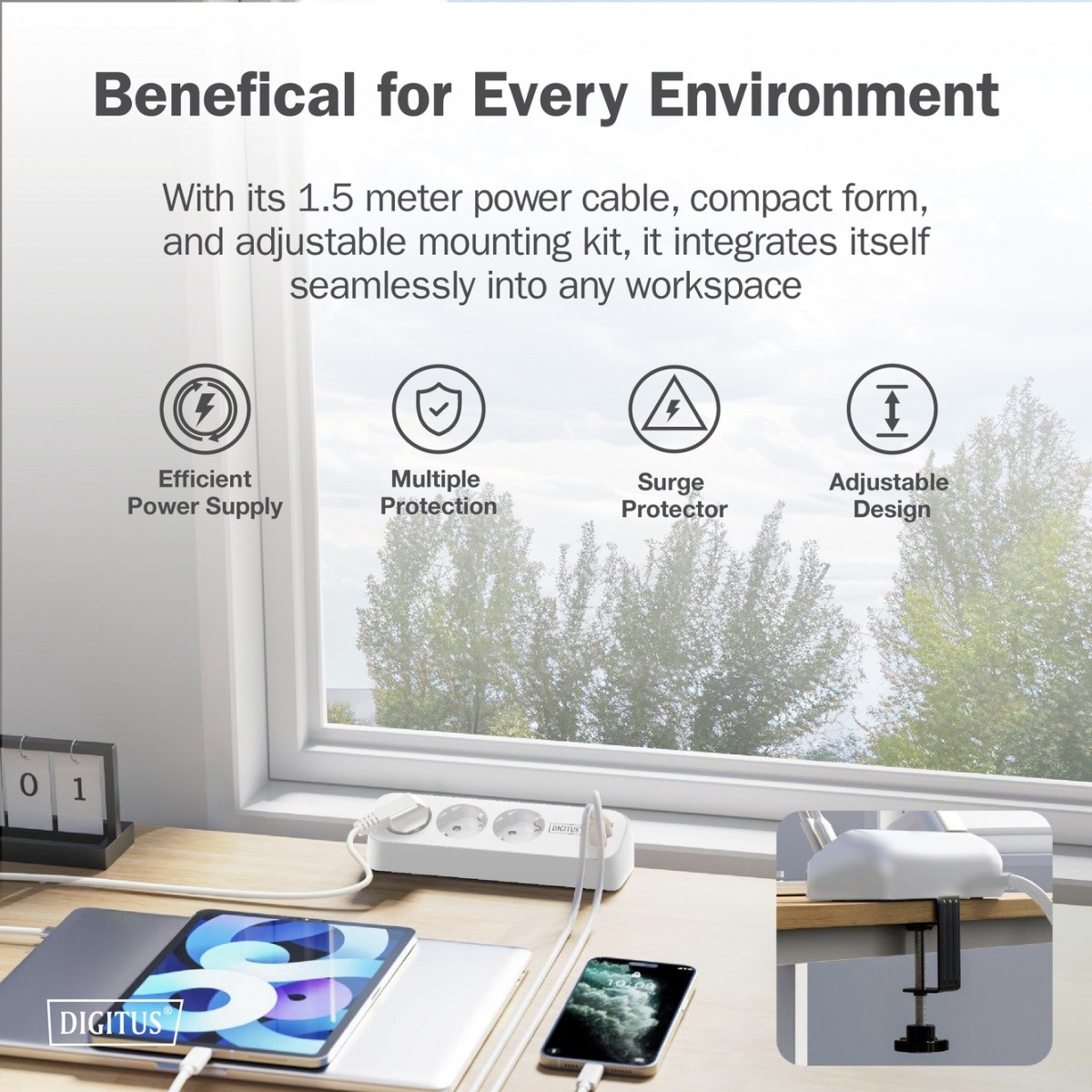Namizna razdelilna letev z 3 Schuko vtičnicami, 2x USB-A (12W), 1x USB-C (30W), bela 8