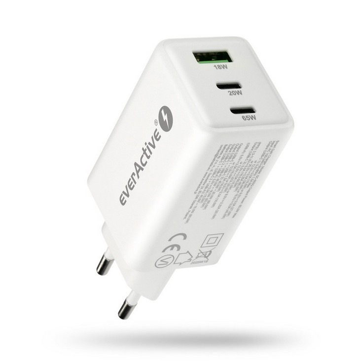 Omrežni polnilnik 65W GAN QC 4+, 1xUSB, 2xUSB-C, bel