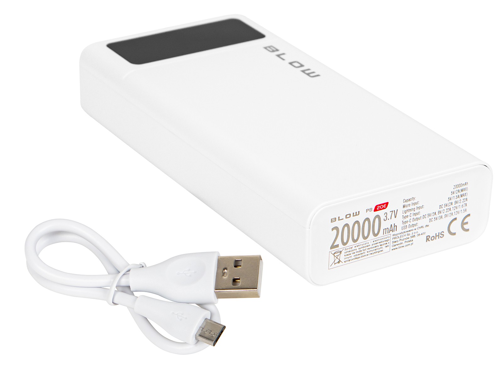 Powerbank PB20E QC+PD 20W, 20000mAh, z LED zaslonom, Lightning, bela 4