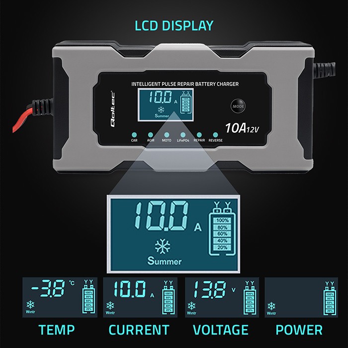 Avtomatski polnilnik akumulatorjev 12V 10A z LCD in funkcijo popravila 4