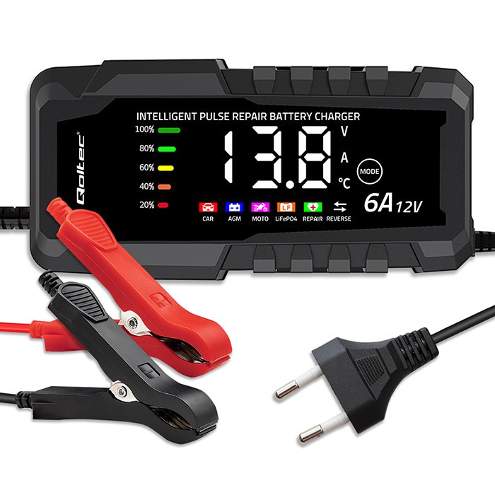 Qoltec mikroprocesorski polnilnik akumulatorjev 12V 6A, z LCD