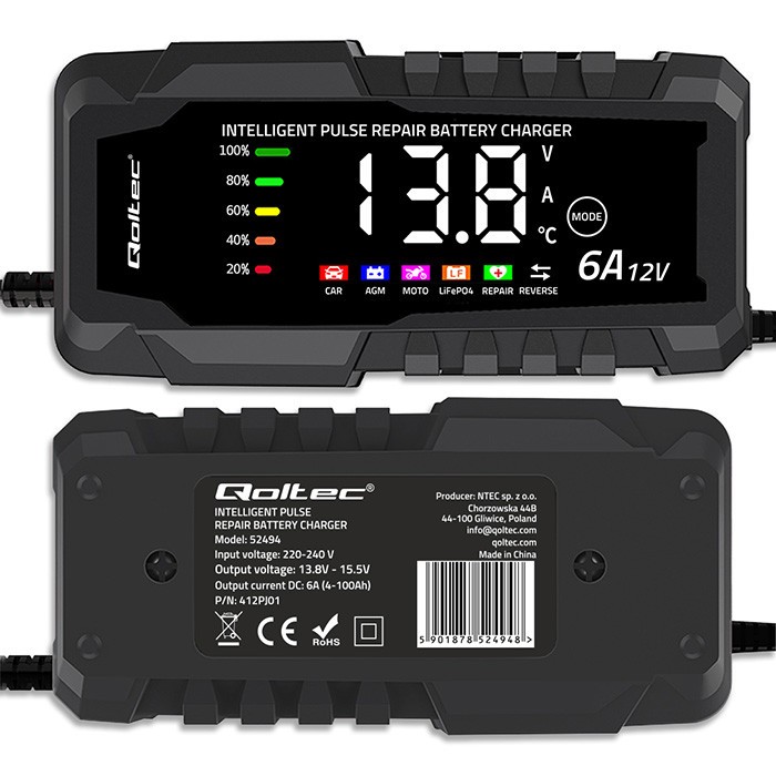 Qoltec mikroprocesorski polnilnik akumulatorjev 12V 6A, z LCD 2