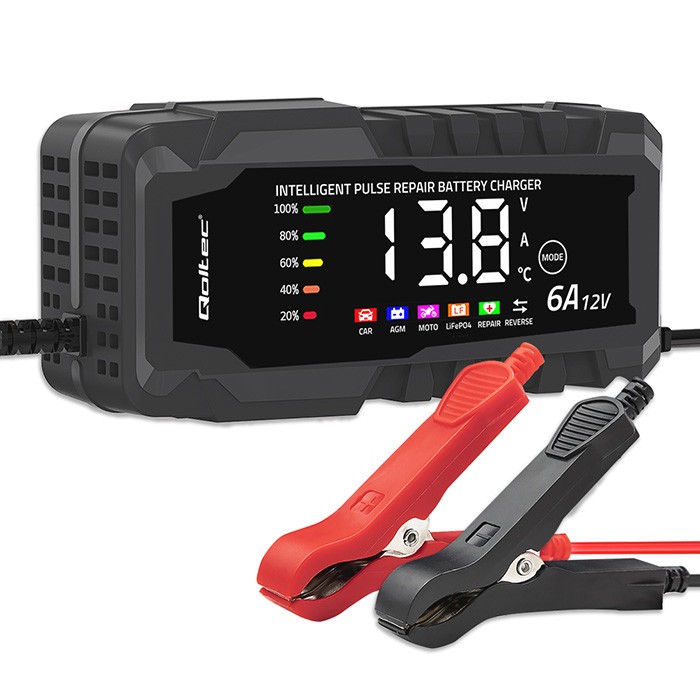 Qoltec mikroprocesorski polnilnik akumulatorjev 12V 6A, z LCD 3