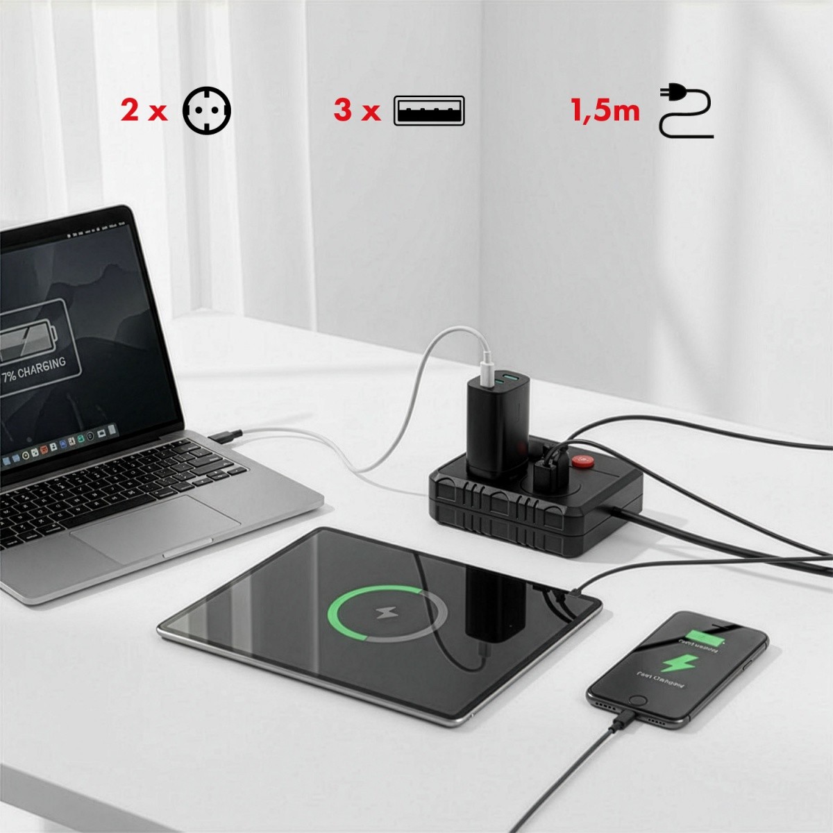 Napajalni trak MCE387 B, 2 vtičnici + 3x USB, 1.5m, črn 5