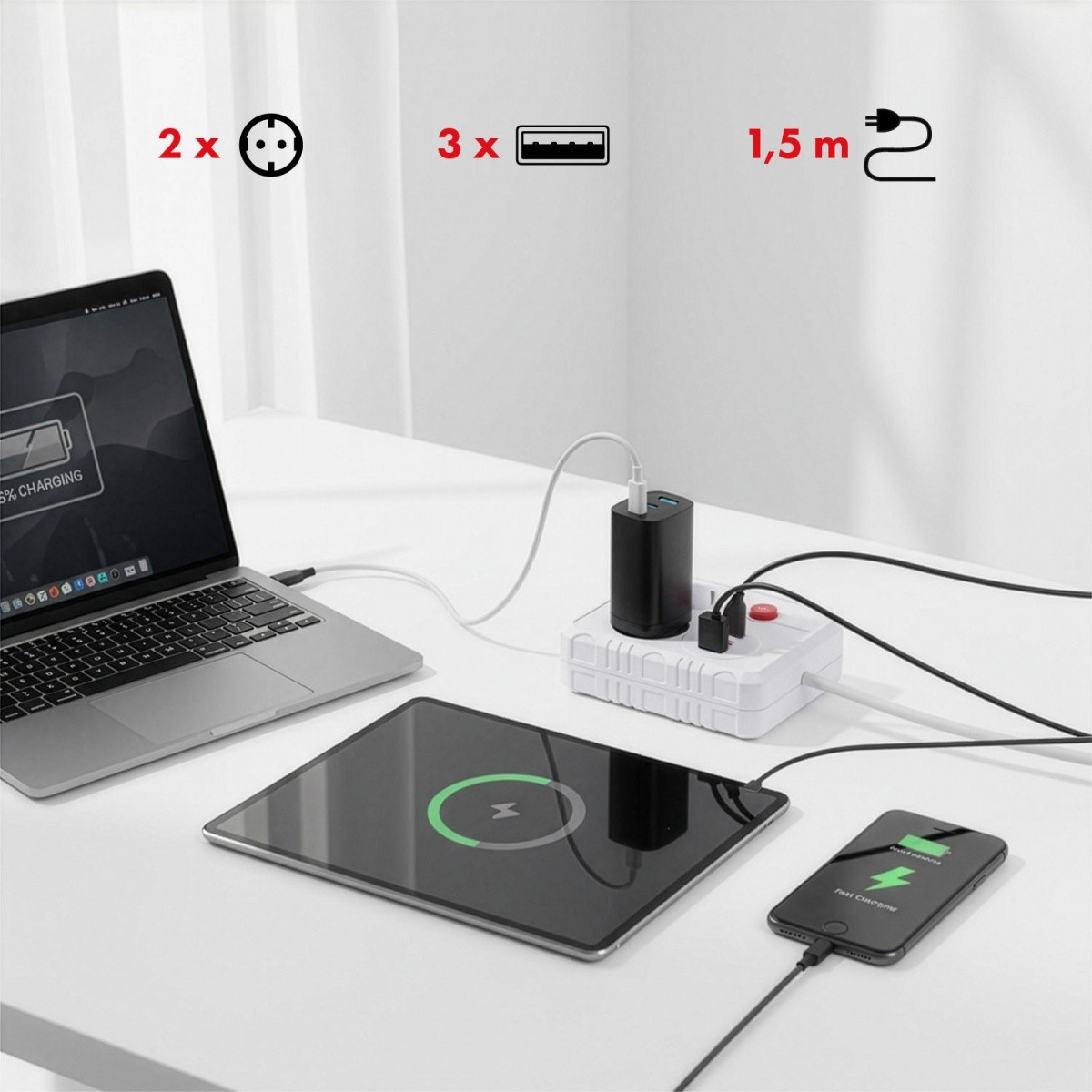 Napajalni trak MCE387 W, 2 vtičnici + 3x USB, 1.5m, bela 5