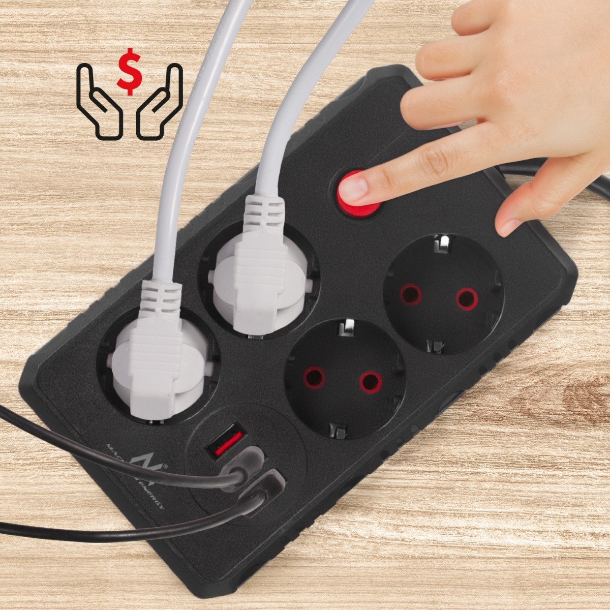 Napajalni trak MCE393 B, 4 vtičnice + 3x USB, 3m, črn 2