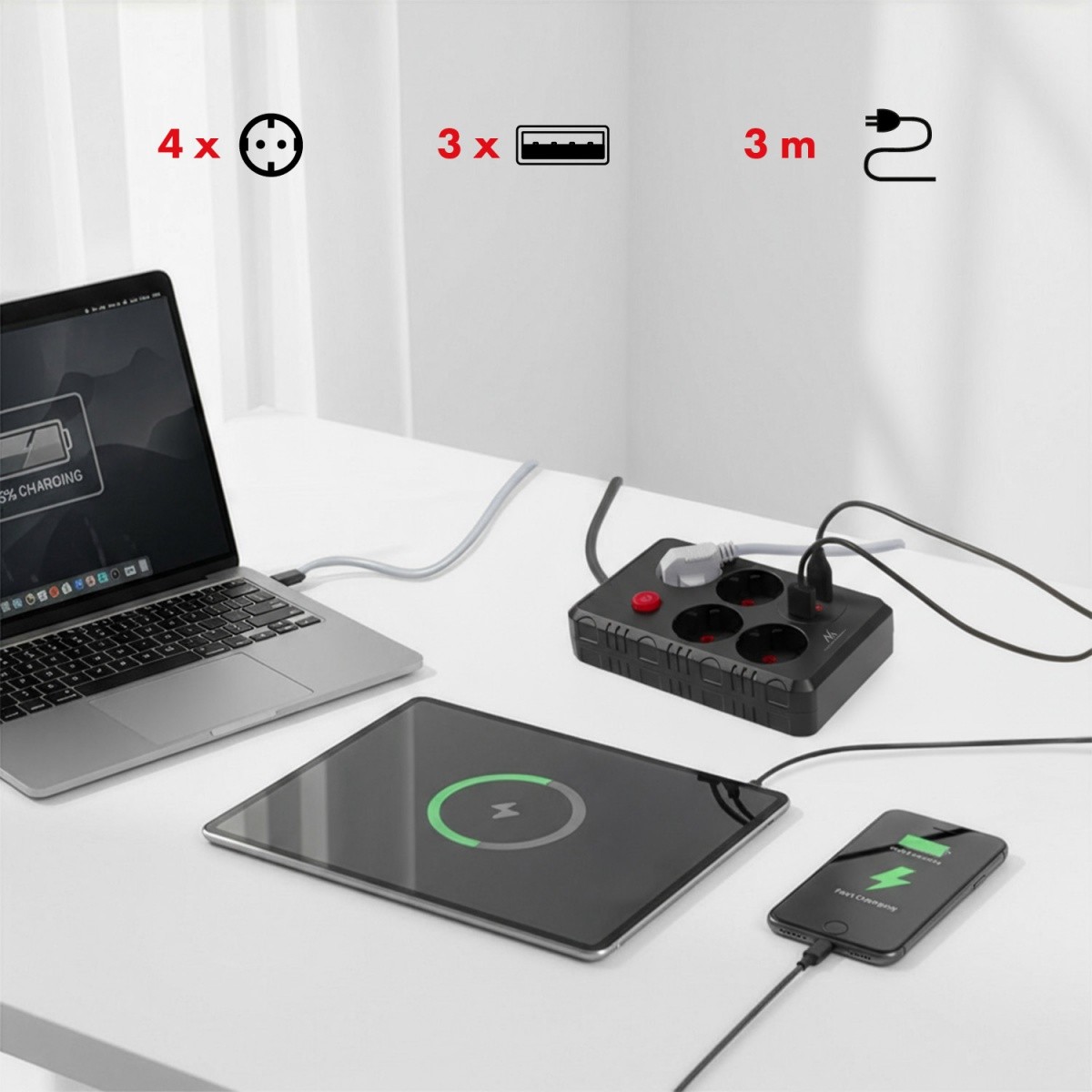 Napajalni trak MCE393 B, 4 vtičnice + 3x USB, 3m, črn 5