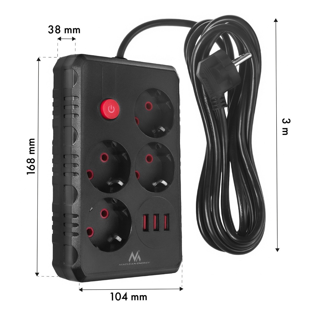 Napajalni trak MCE393 B, 4 vtičnice + 3x USB, 3m, črn 6