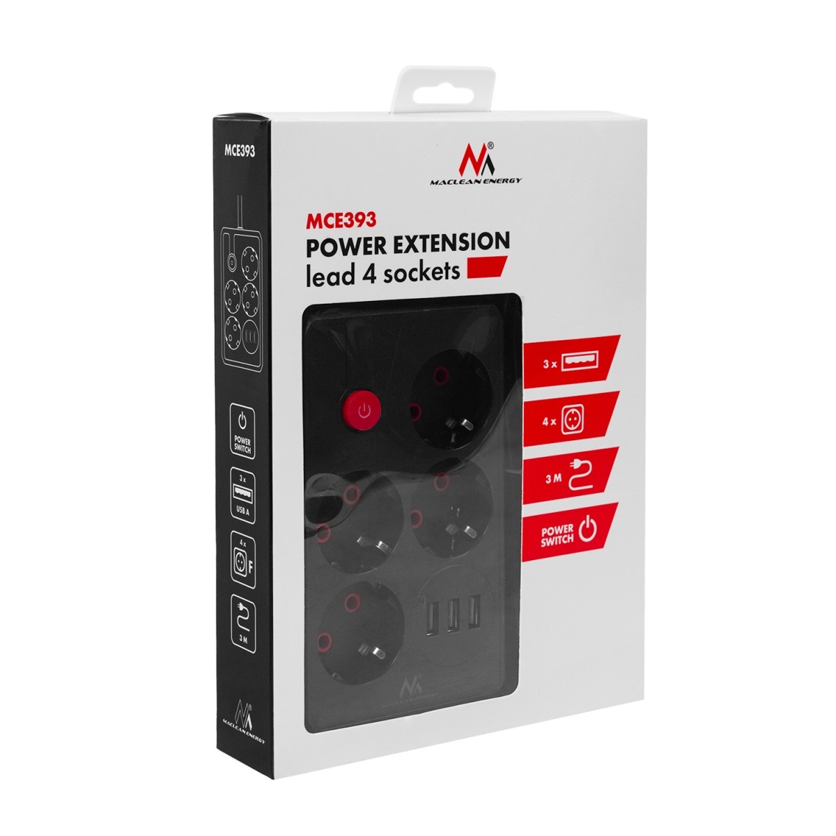 Napajalni trak MCE393 B, 4 vtičnice + 3x USB, 3m, črn 7