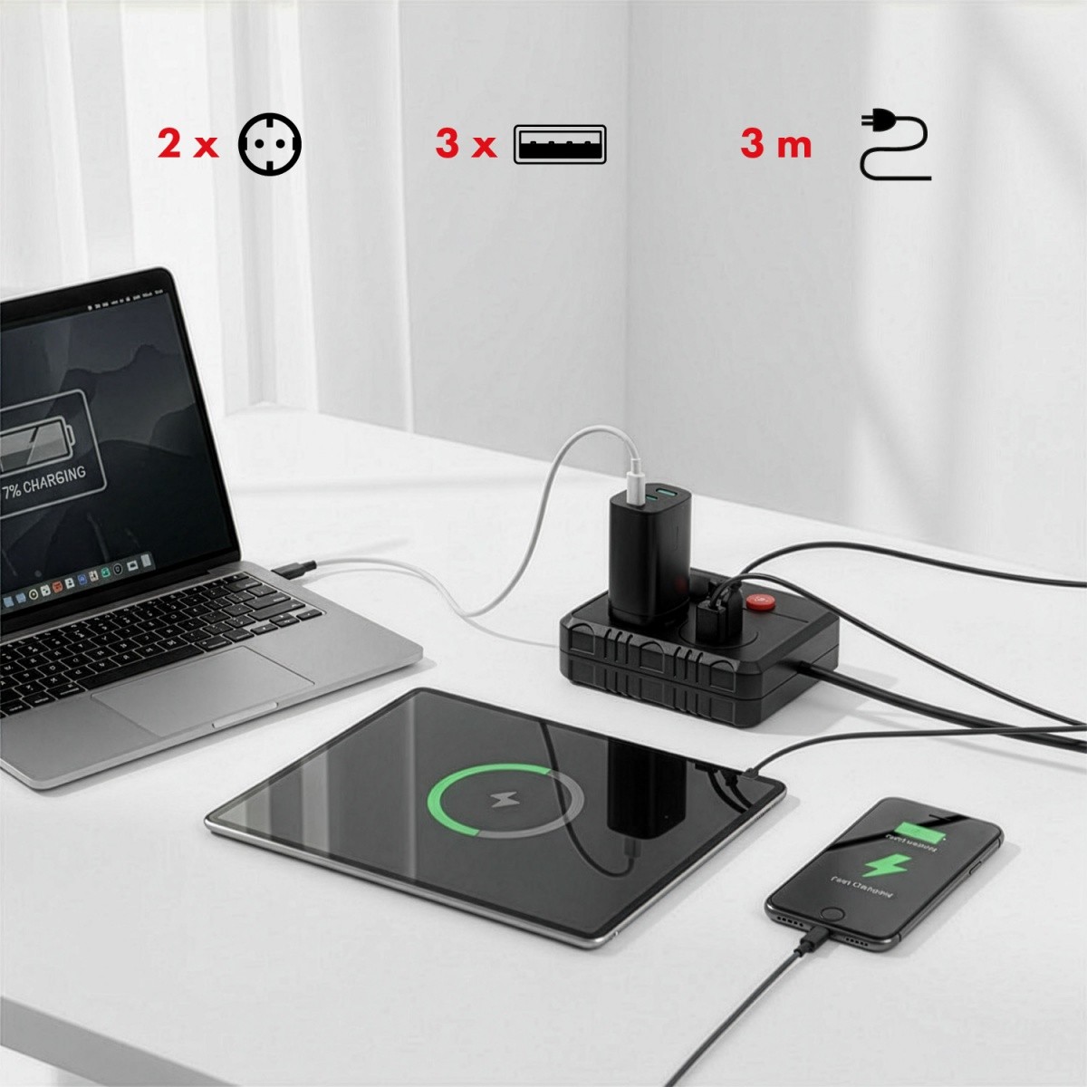 Napajalni trak MCE388 B, 2 vtičnici + 3x USB, 3m, črn 5