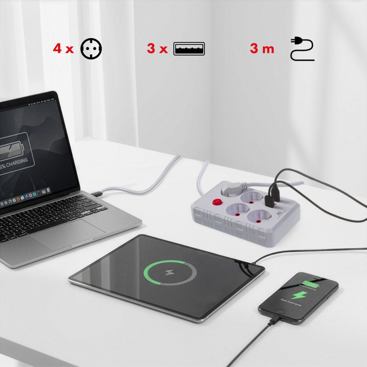 Maclean MCE393W razdelilna letev: 4x šuko, 3x USB, 3m, bela 5