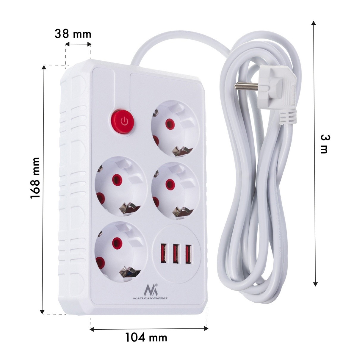 Maclean MCE393W razdelilna letev: 4x šuko, 3x USB, 3m, bela 6