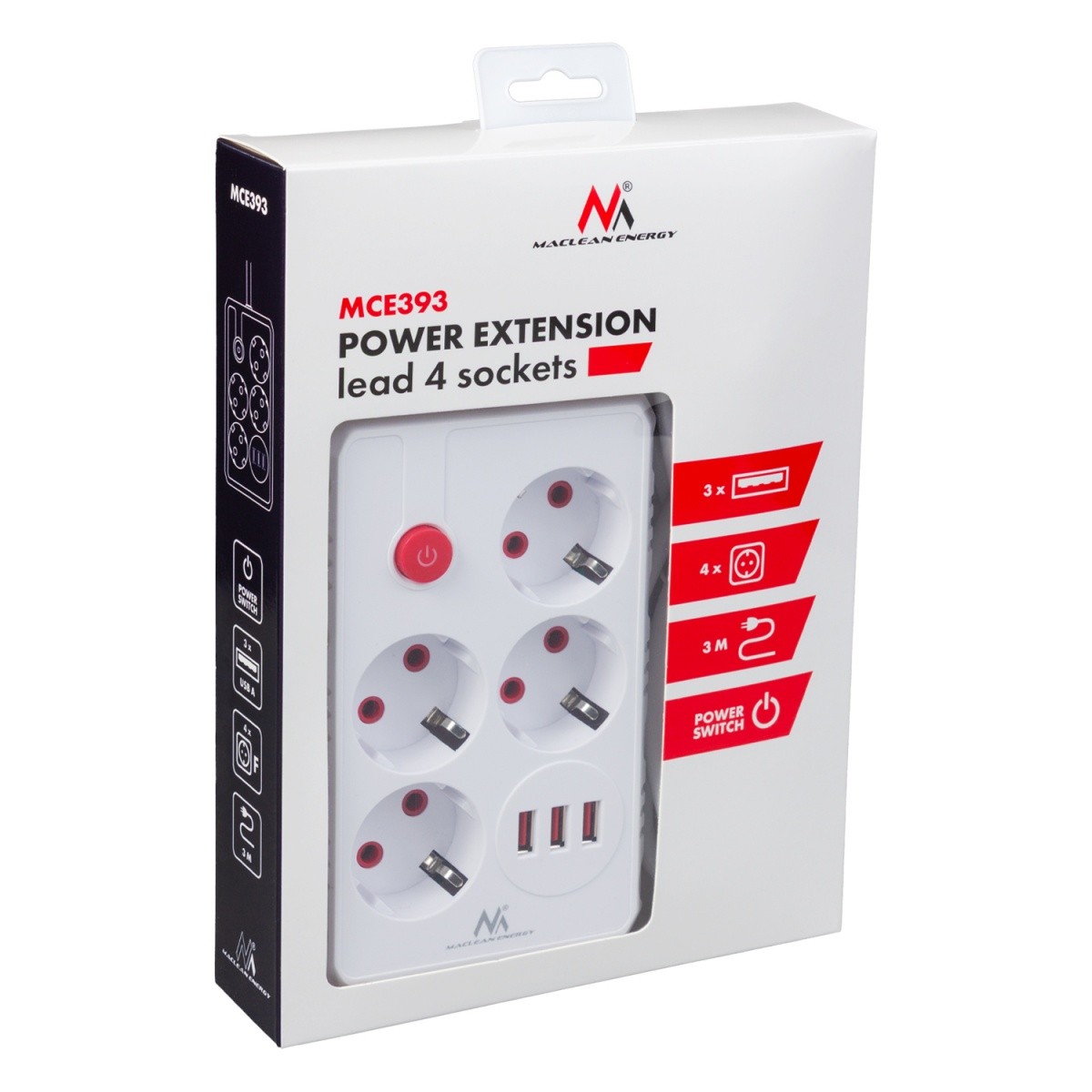 Maclean MCE393W razdelilna letev: 4x šuko, 3x USB, 3m, bela 7