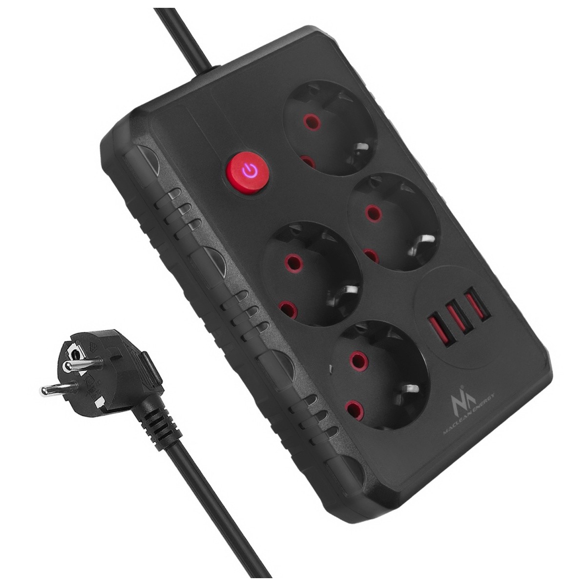 Napajalni trak MCE392 B, 4 vtičnice + 3x USB, 1.5m, črn