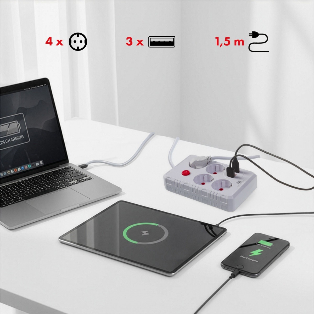 Napajalni trak MCE392 W, 4 vtičnice + 3x USB, 1.5m, bela 5