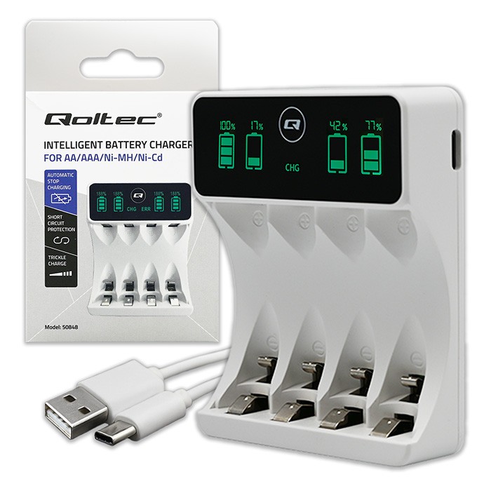 Polnilnik za baterije AAA/AA LCD, USB-C, bel