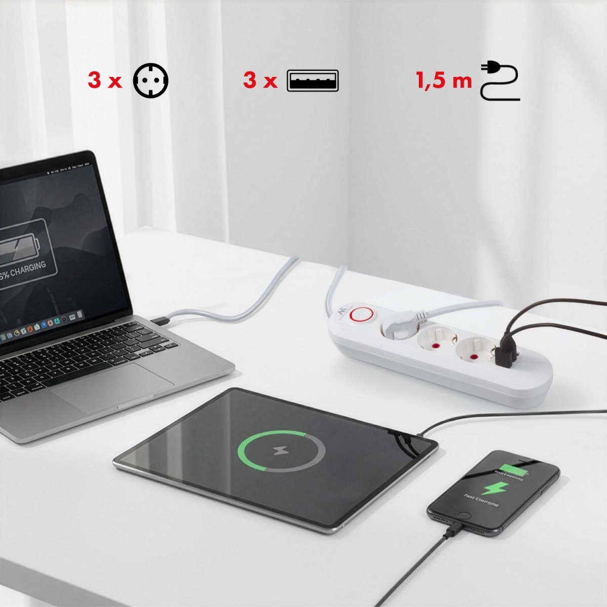 Napajalni kabel MCE194W: 3 vtičnice, 3x USB, 2.1A, bela 5