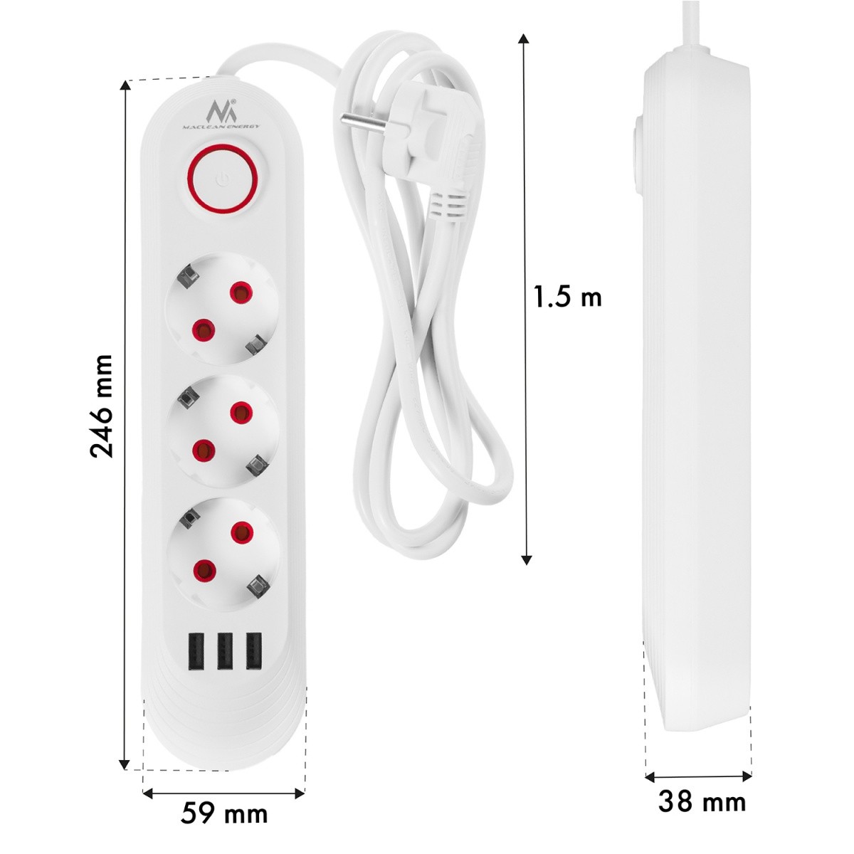 Napajalni kabel MCE194W: 3 vtičnice, 3x USB, 2.1A, bela 6