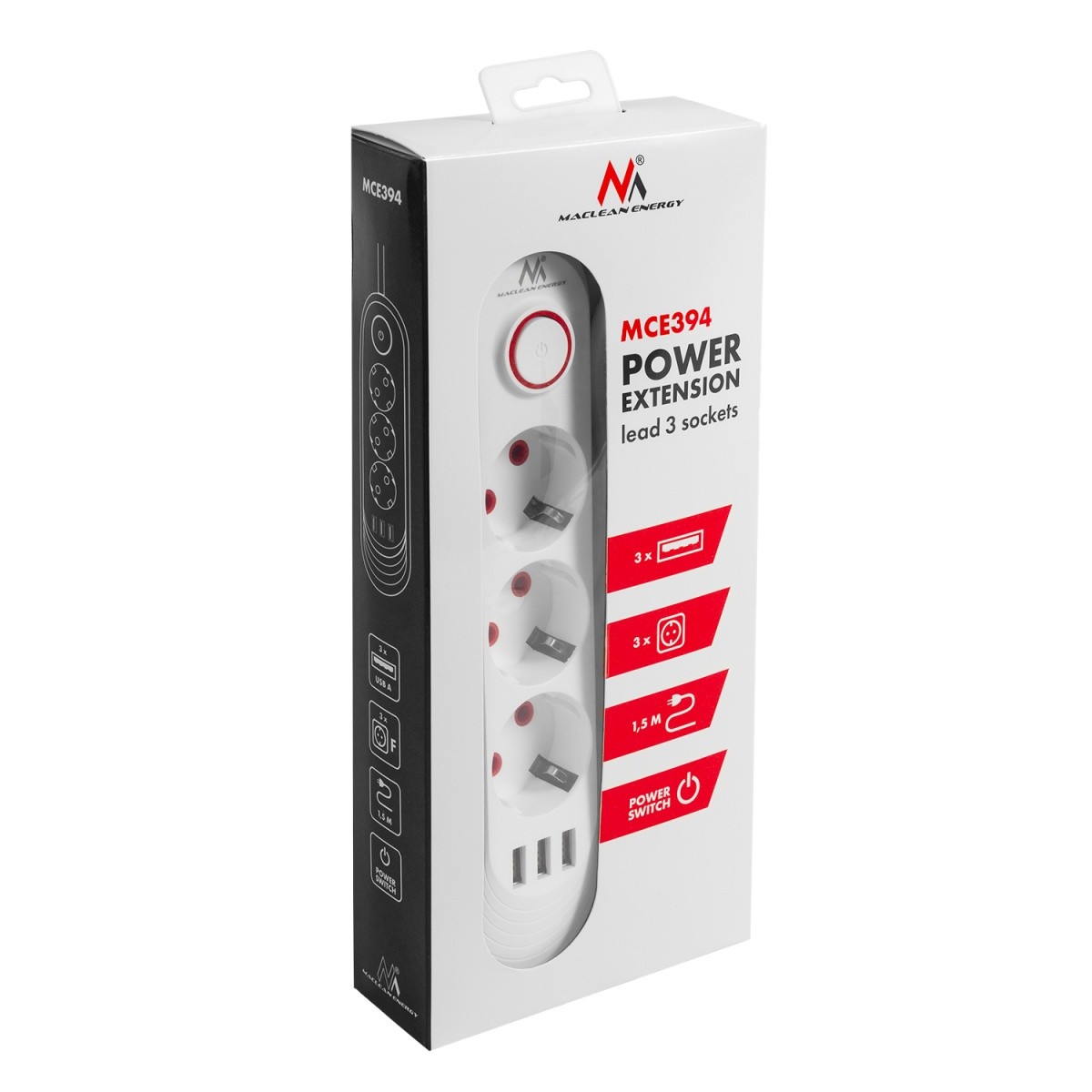 Napajalni kabel MCE194W: 3 vtičnice, 3x USB, 2.1A, bela 7