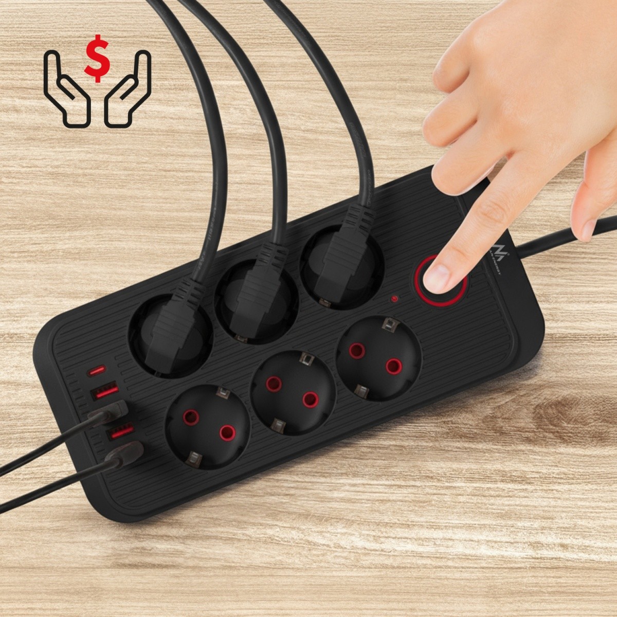 Napajalni kabel MCE389B: 6 vtičnic, 4x USB-A, 1x USB-C, 2.1A, črna 2