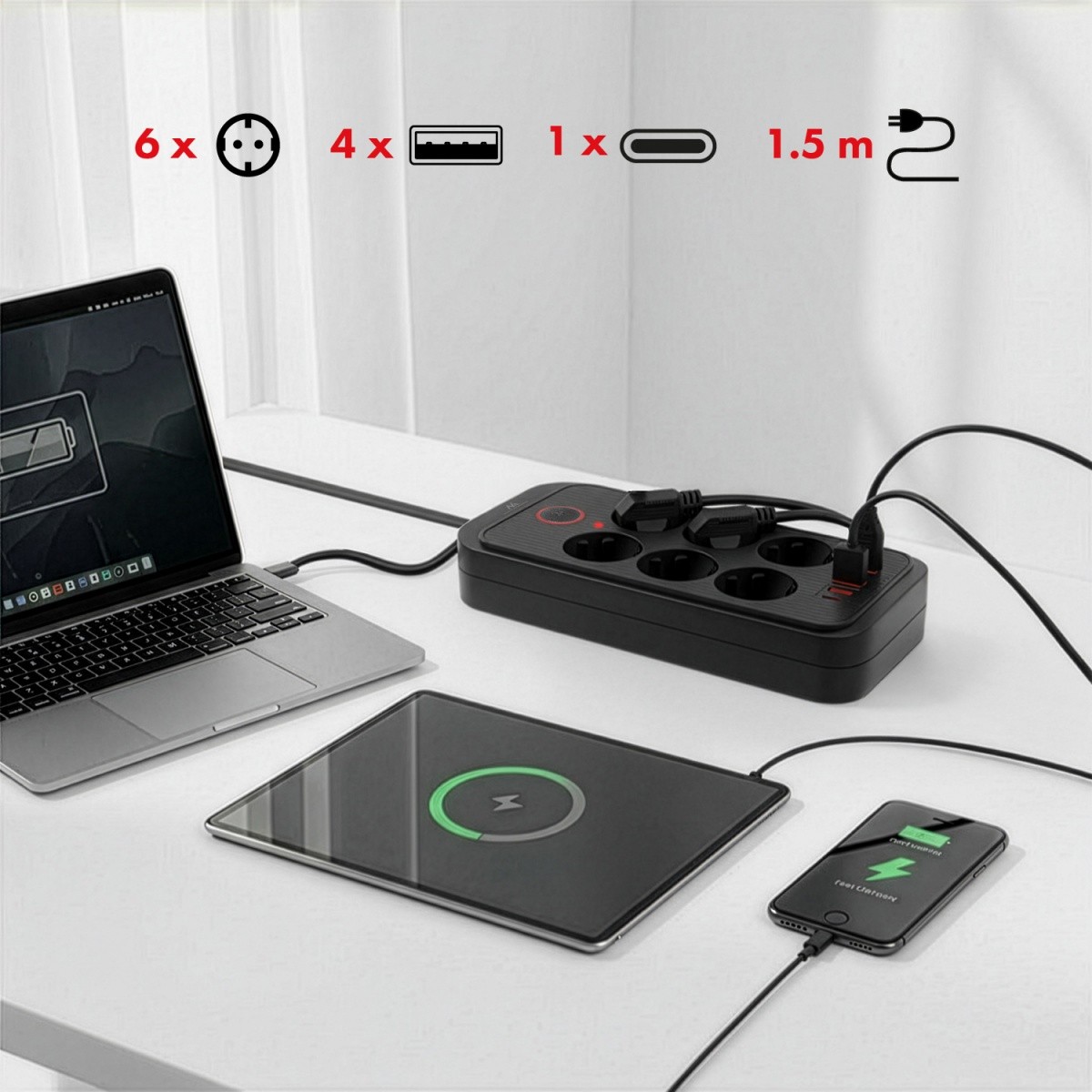 Napajalni kabel MCE389B: 6 vtičnic, 4x USB-A, 1x USB-C, 2.1A, črna 5