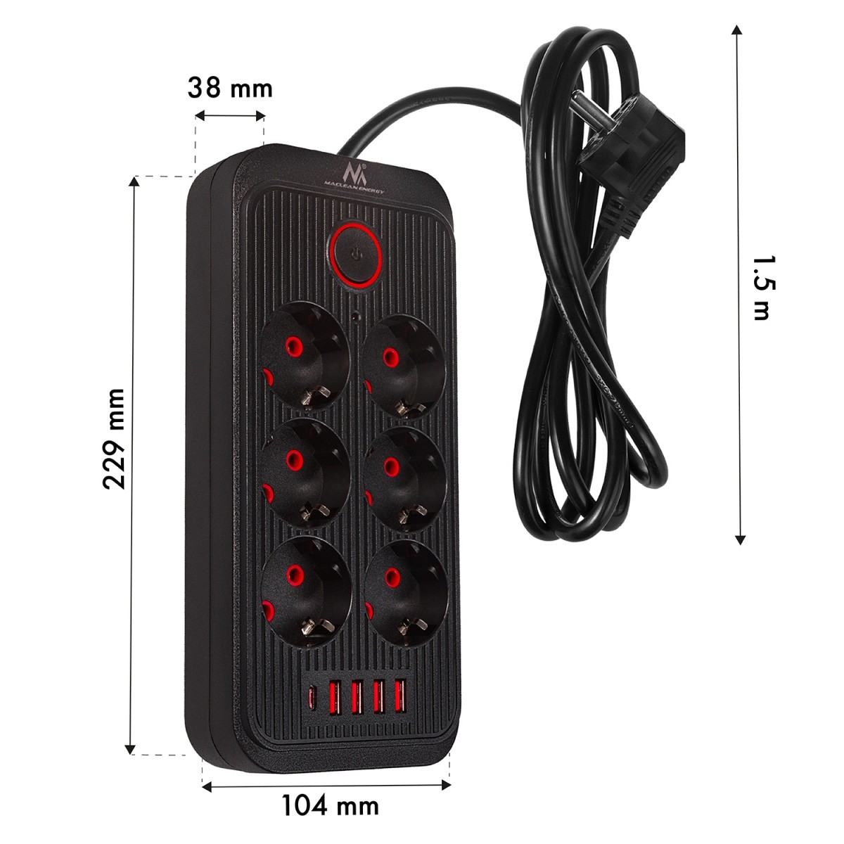 Napajalni kabel MCE389B: 6 vtičnic, 4x USB-A, 1x USB-C, 2.1A, črna 6