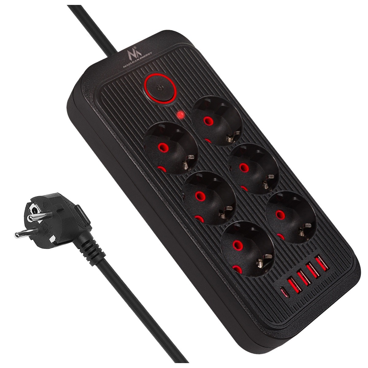 Napajalni kabel MCE389B: 6 vtičnic, 4x USB-A, 1x USB-C, 2.1A, črna