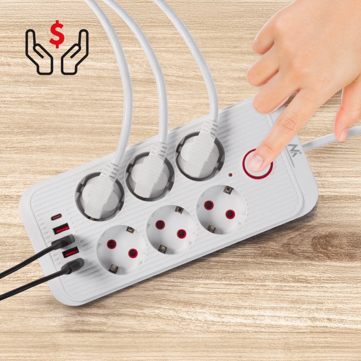 Napajalni kabel MCE389W: 6 vtičnic, 4x USB-A, 1x USB-C, 2.1A, bela 2