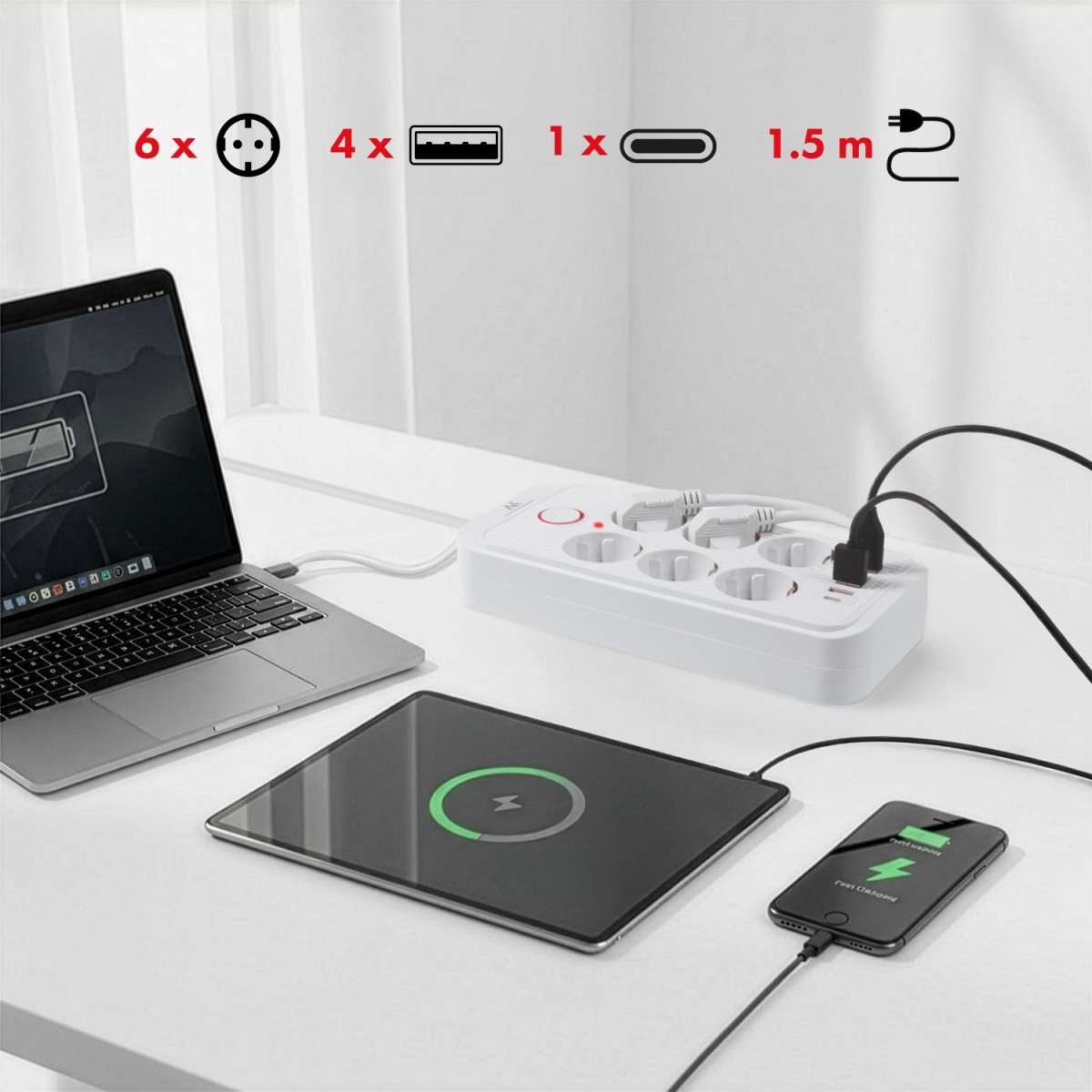 Napajalni kabel MCE389W: 6 vtičnic, 4x USB-A, 1x USB-C, 2.1A, bela 5