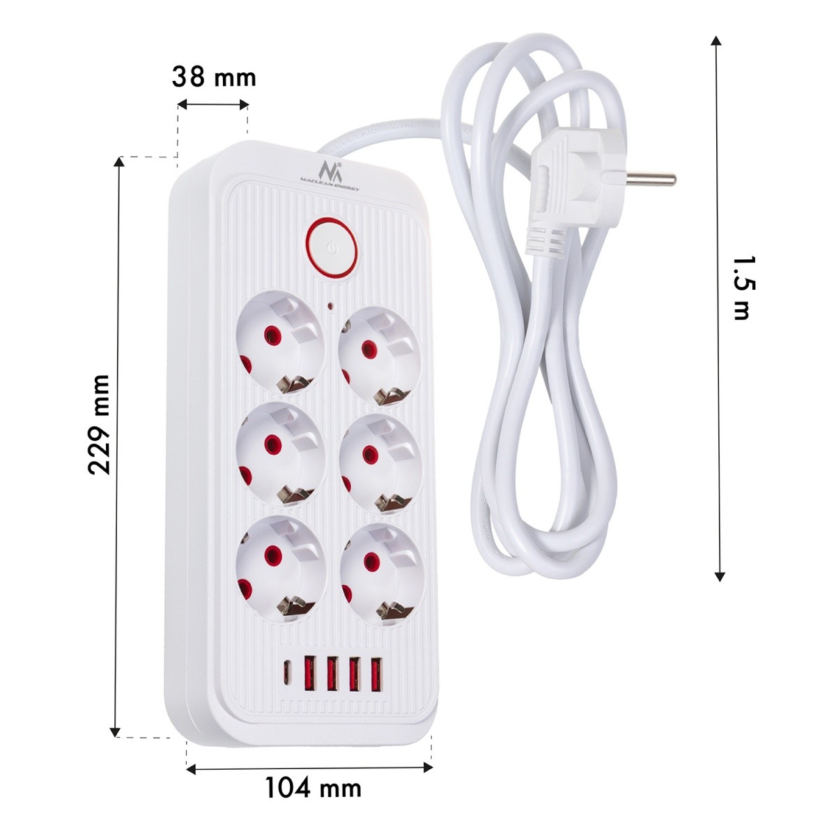 Napajalni kabel MCE389W: 6 vtičnic, 4x USB-A, 1x USB-C, 2.1A, bela 6