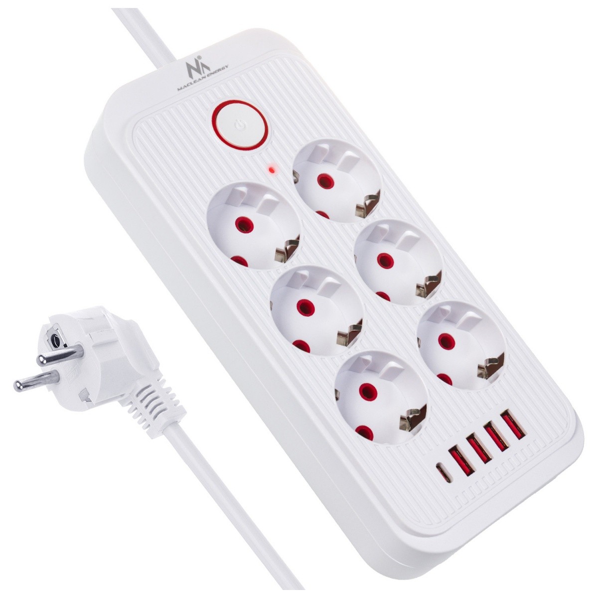 Napajalni kabel MCE389W: 6 vtičnic, 4x USB-A, 1x USB-C, 2.1A, bela