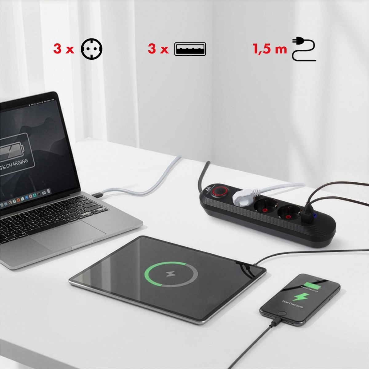 Napajalni kabel MCE394B: 1.5m, 3 vtičnice, 3x USB, 2.1A, črna 5