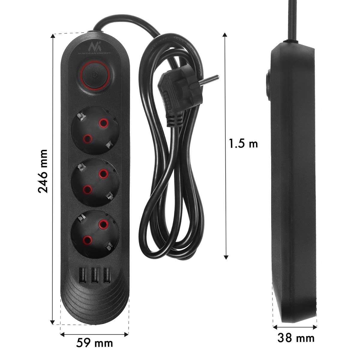 Napajalni kabel MCE394B: 1.5m, 3 vtičnice, 3x USB, 2.1A, črna 6