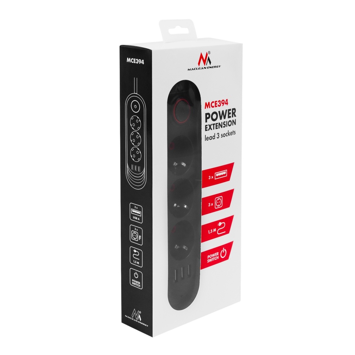 Napajalni kabel MCE394B: 1.5m, 3 vtičnice, 3x USB, 2.1A, črna 7