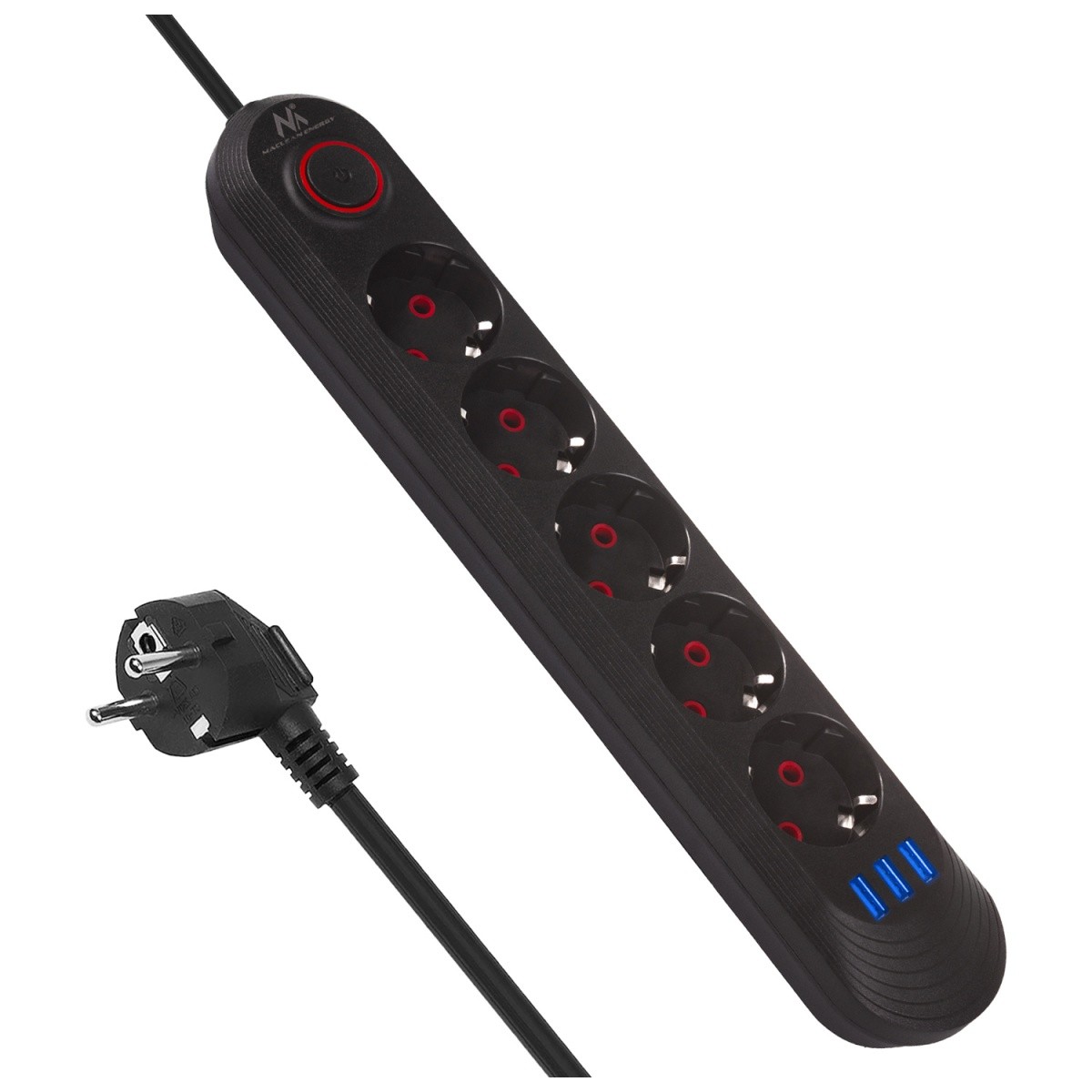 Napajalni kabel MCE395B: 5 vtičnic, 3x USB, 2.1A, črna
