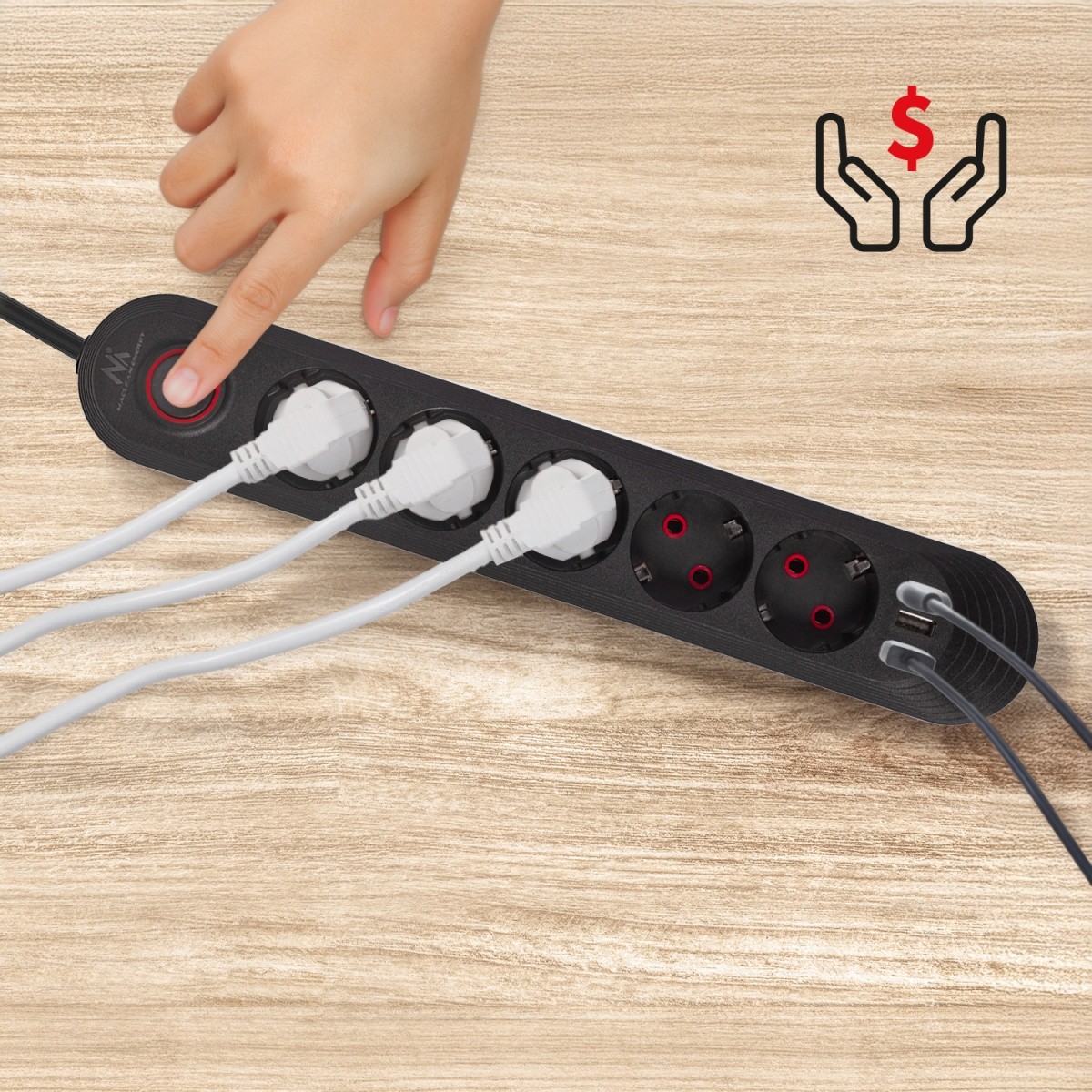 Napajalni kabel MCE395B: 5 vtičnic, 3x USB, 2.1A, črna 2