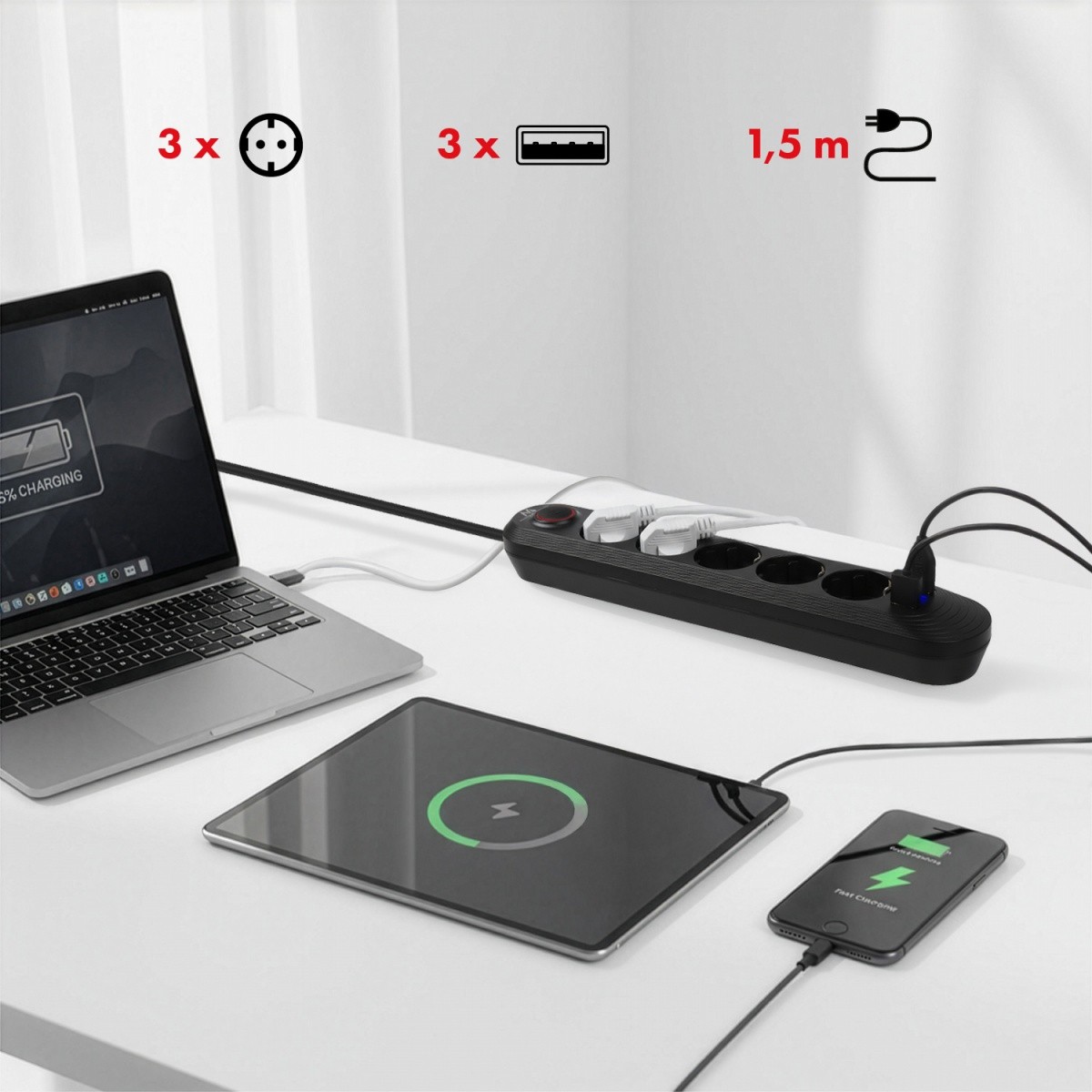 Napajalni kabel MCE395B: 5 vtičnic, 3x USB, 2.1A, črna 5
