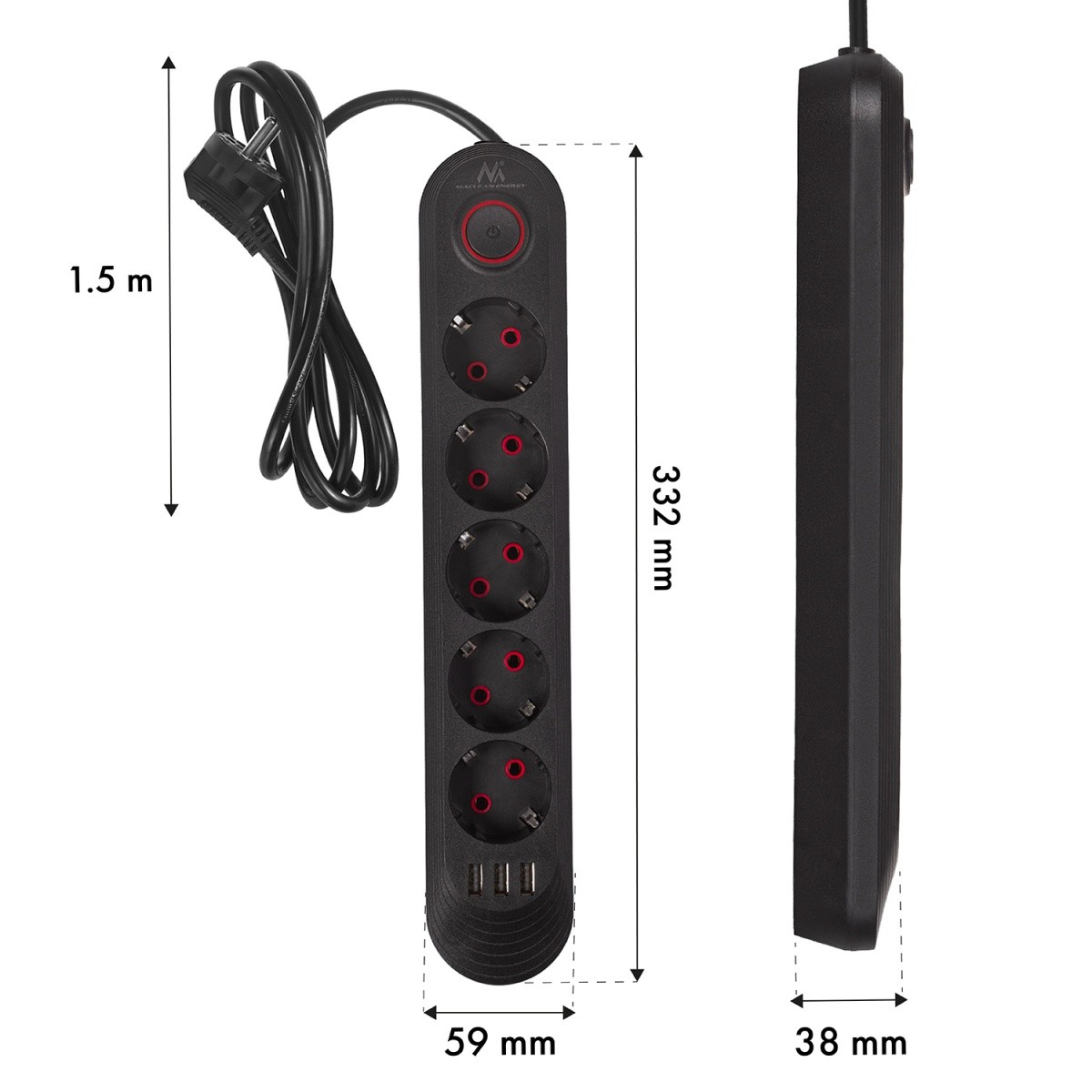 Napajalni kabel MCE395B: 5 vtičnic, 3x USB, 2.1A, črna 6