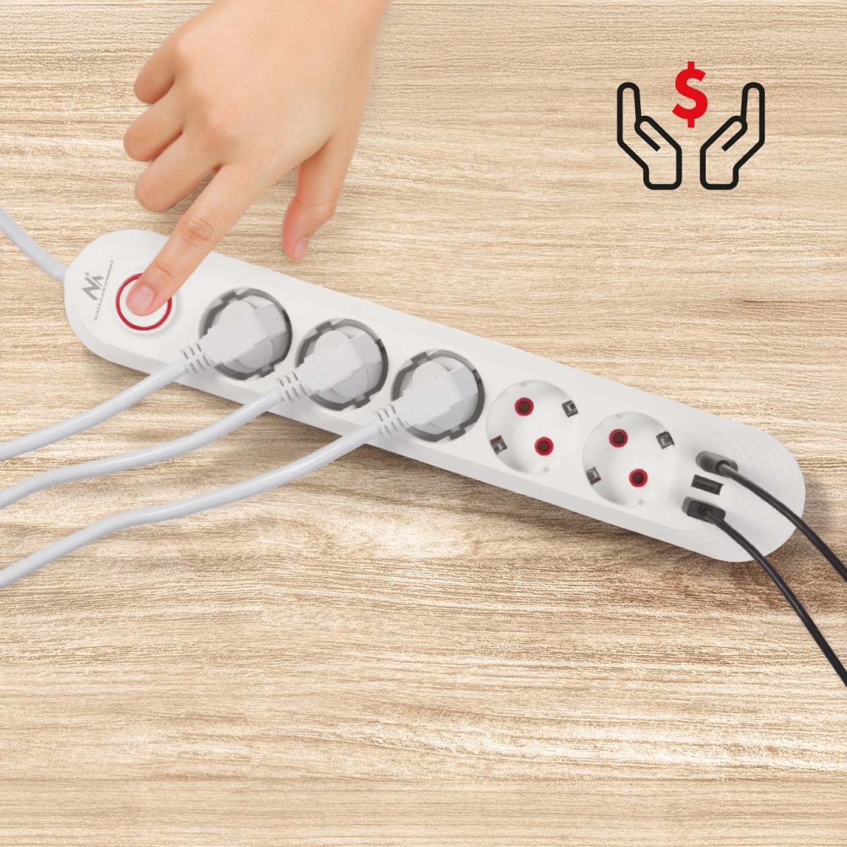 Napajalni kabel MCE395W: 5 vtičnic, 3x USB, 2.1A, bela 3