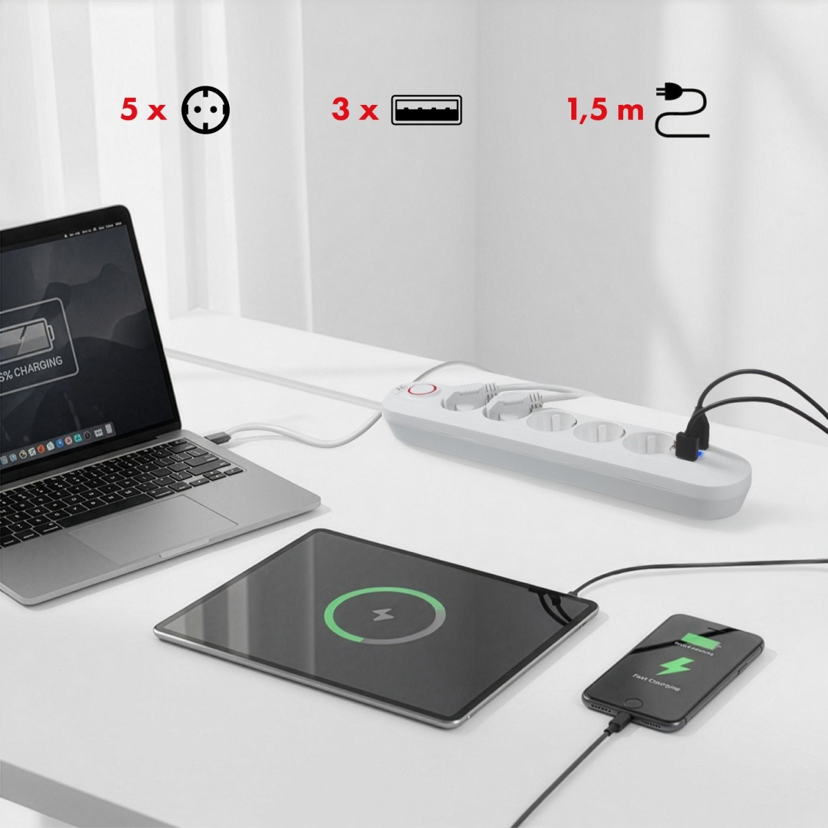Napajalni kabel MCE395W: 5 vtičnic, 3x USB, 2.1A, bela 6