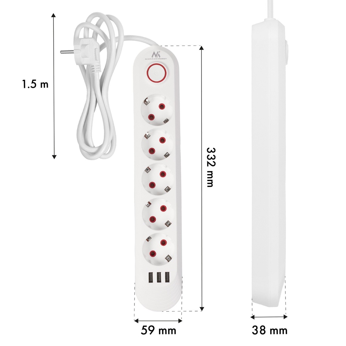 Napajalni kabel MCE395W: 5 vtičnic, 3x USB, 2.1A, bela 7