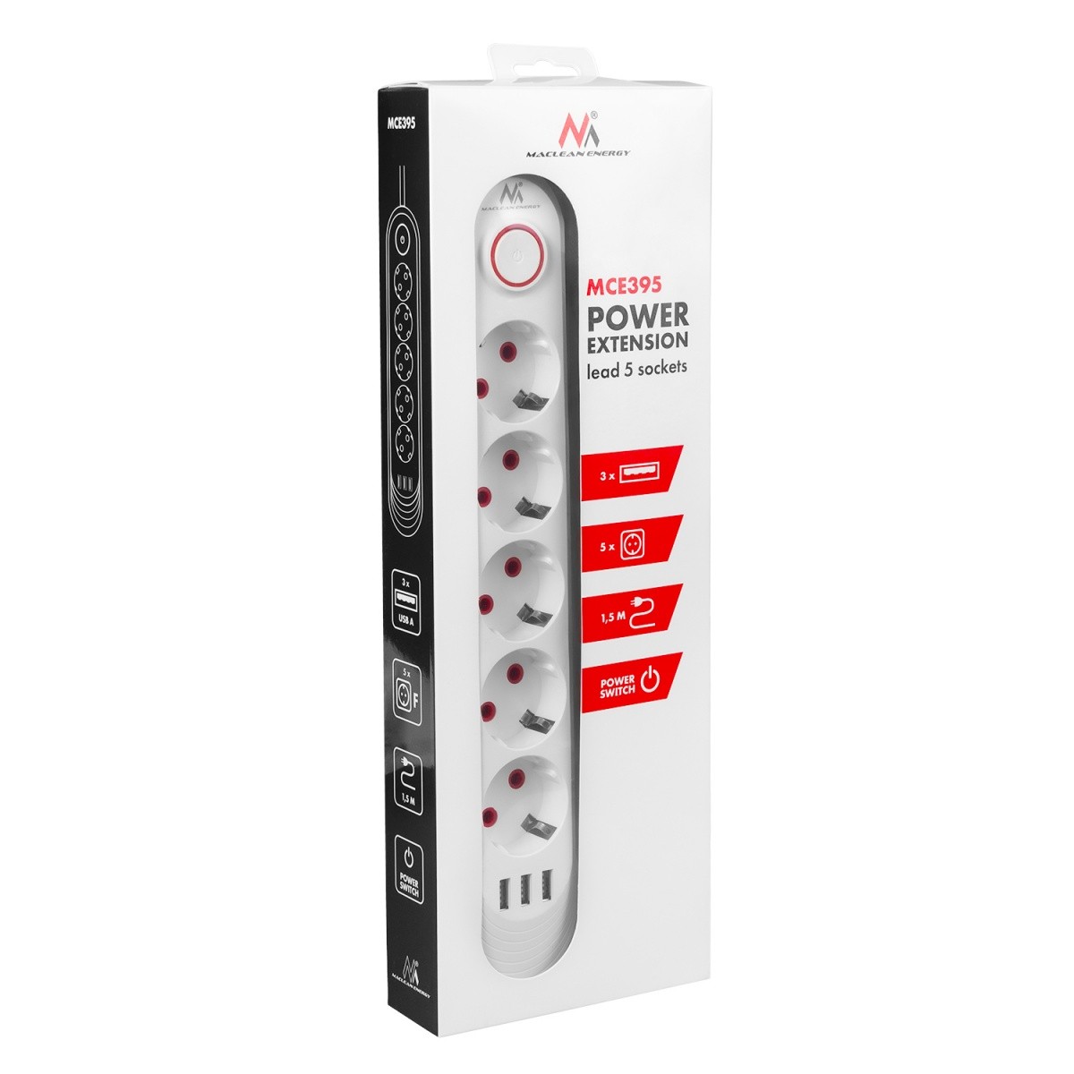 Napajalni kabel MCE395W: 5 vtičnic, 3x USB, 2.1A, bela 8